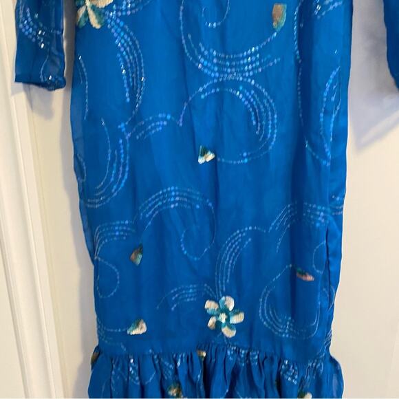 Vintage Handmade Blue Embellished Long Sleeve Mermaid Maxi Gown Small - Picture 14 of 15